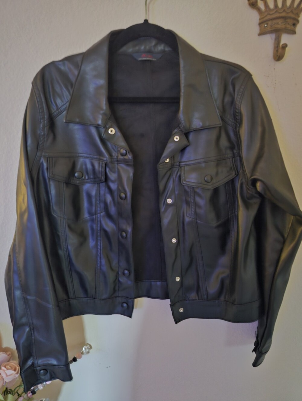 Women's Black Faux Leather Trucker Jacket - Classic Snap-Front